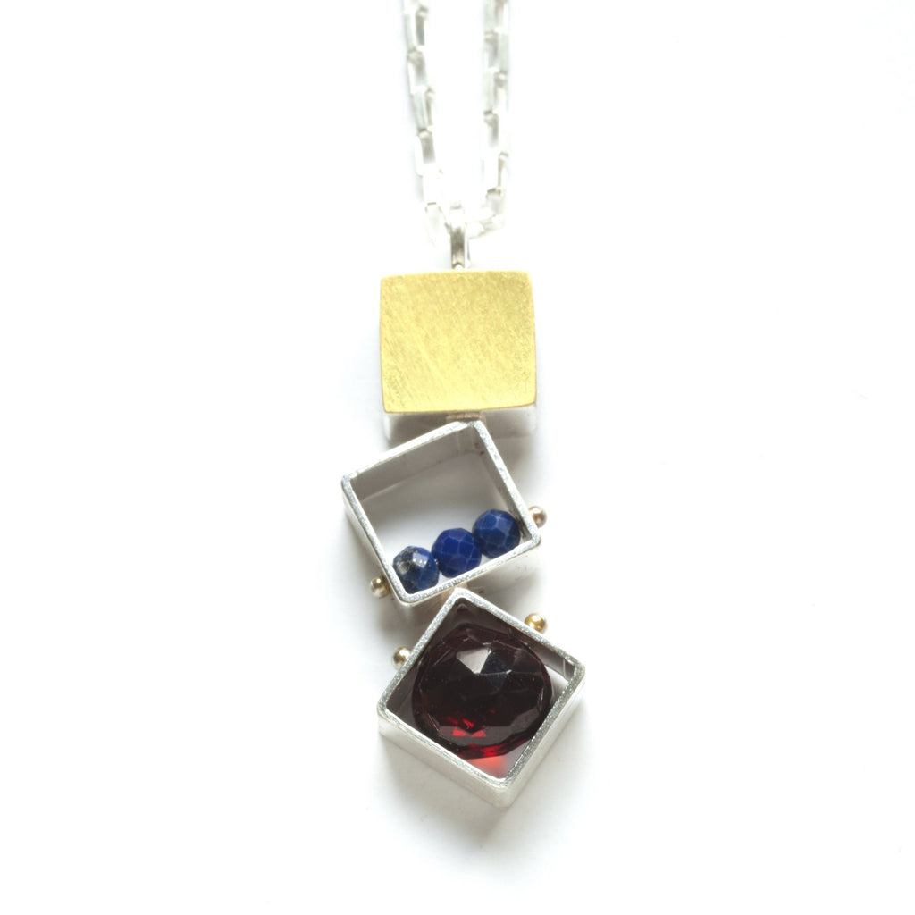 3 Small Squares Necklace with Garnet and Lapis