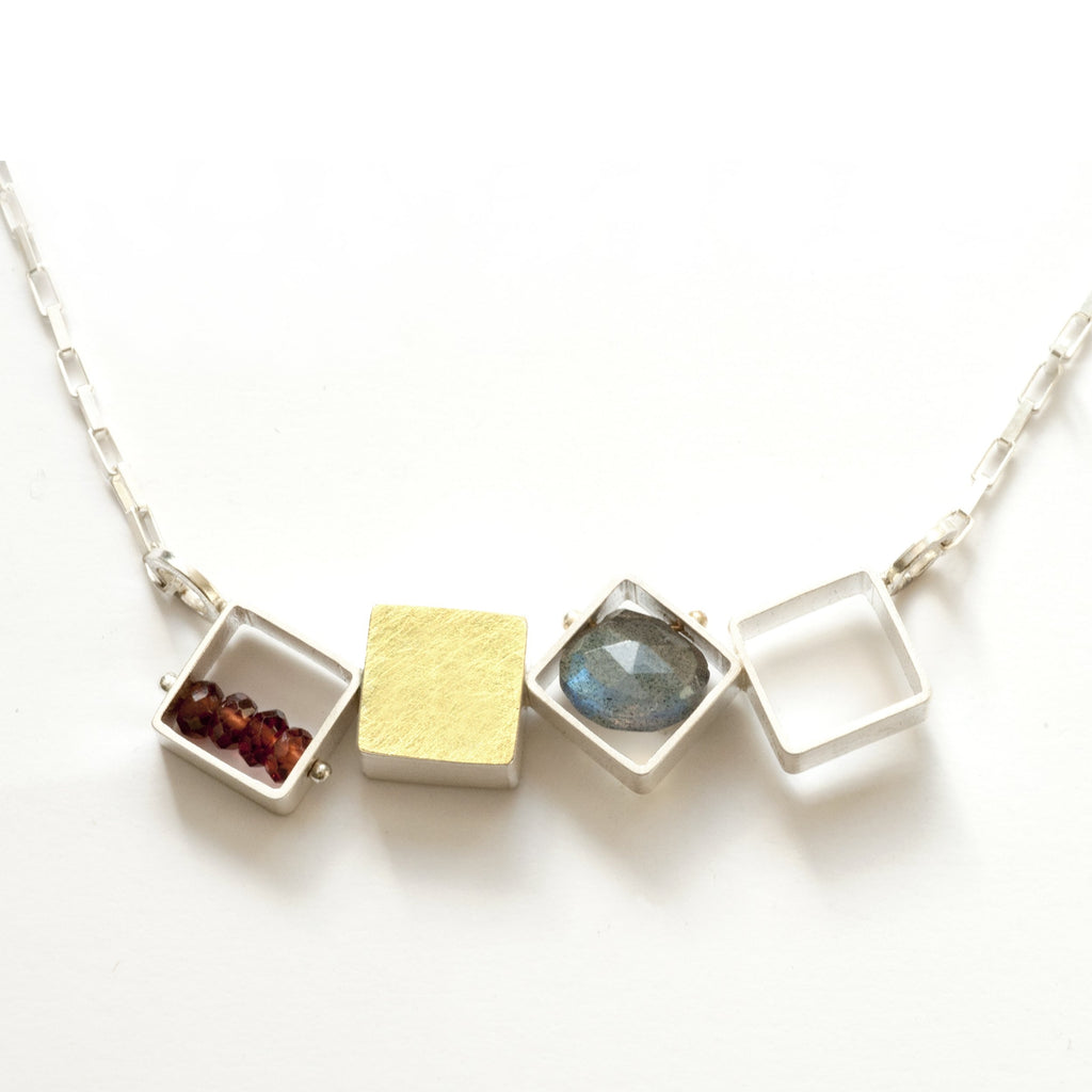 4 Small Squares Necklace, Horizontal with Labradorite and Garnet