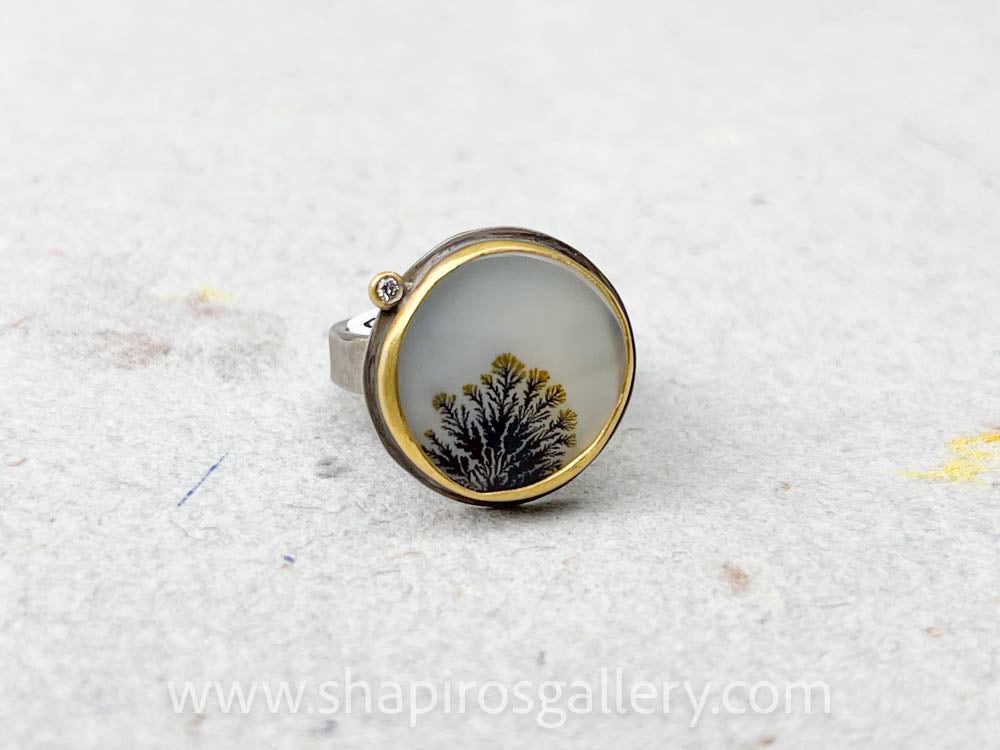 Dendritic Agate Ring with Diamond Dot