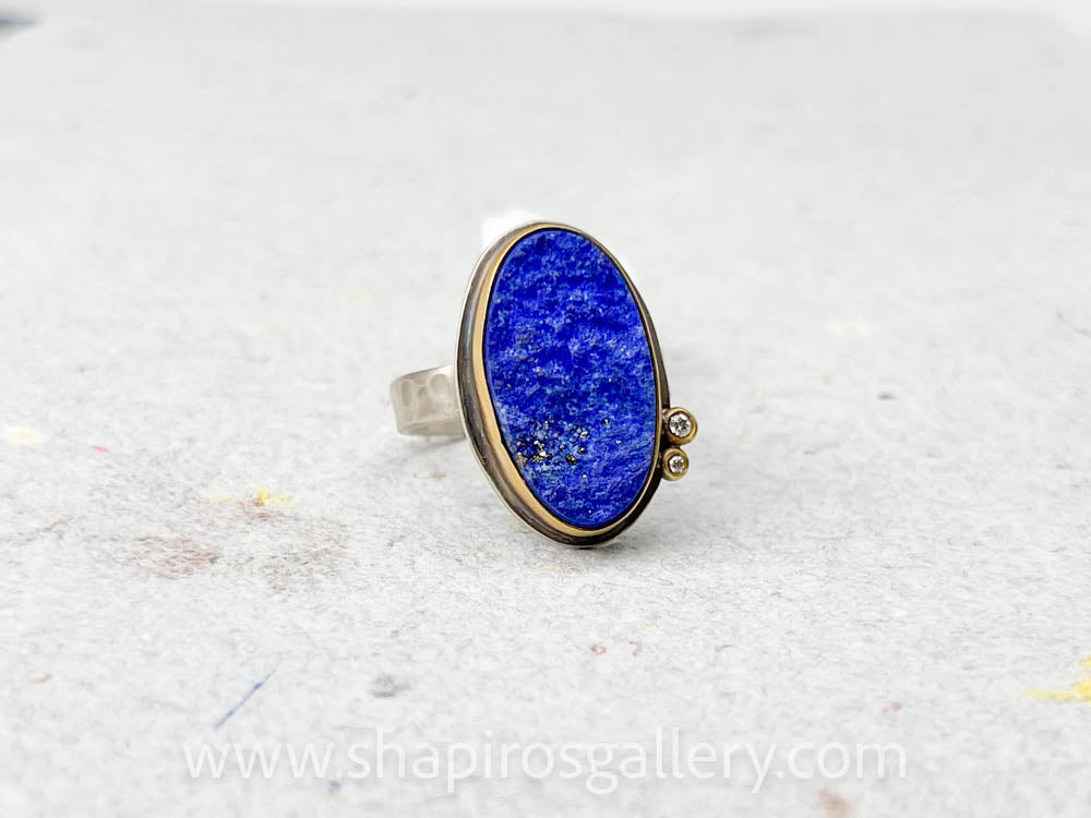 Lapis Surface Ring with Diamond Dots