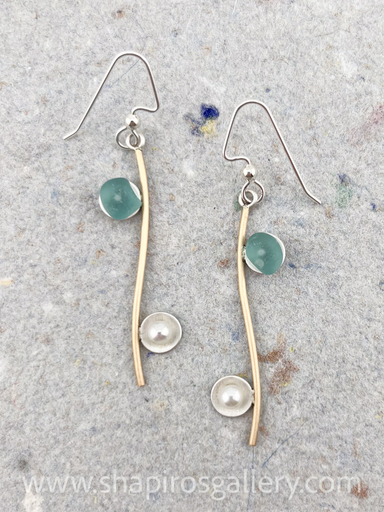 Seaglass Squiggle Earrings with Pearl