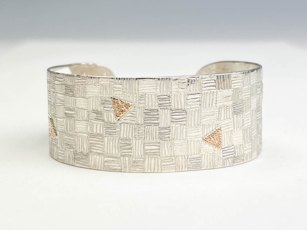 Sterling Silver and 14K Carved Cuff Bracelet