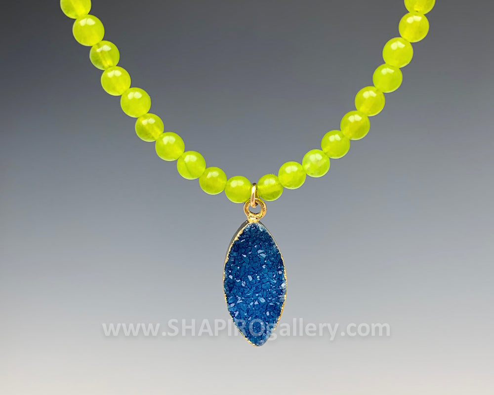 Olive Jade with Blue Druzy Necklace