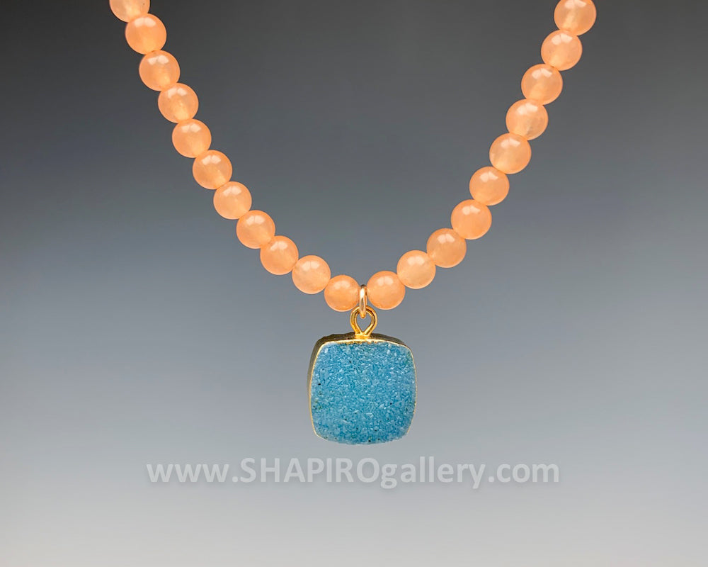Peach Jade with Blue Druzy Necklace
