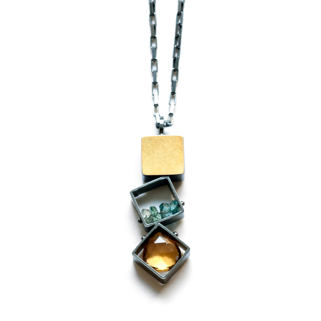 3 Small Squares Necklace with Citrine and Blue Zircon