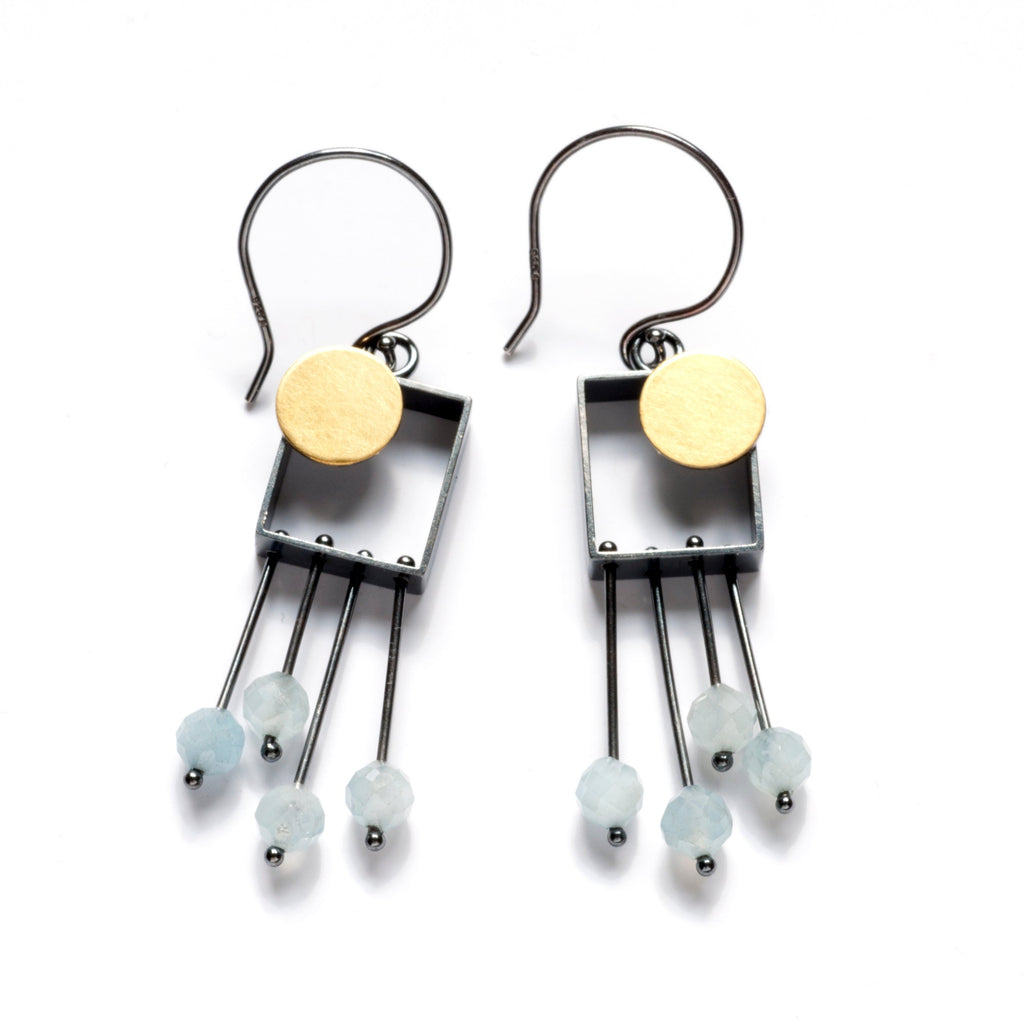 Rectangle Earrings with Dot and Fringe - Aquamarine