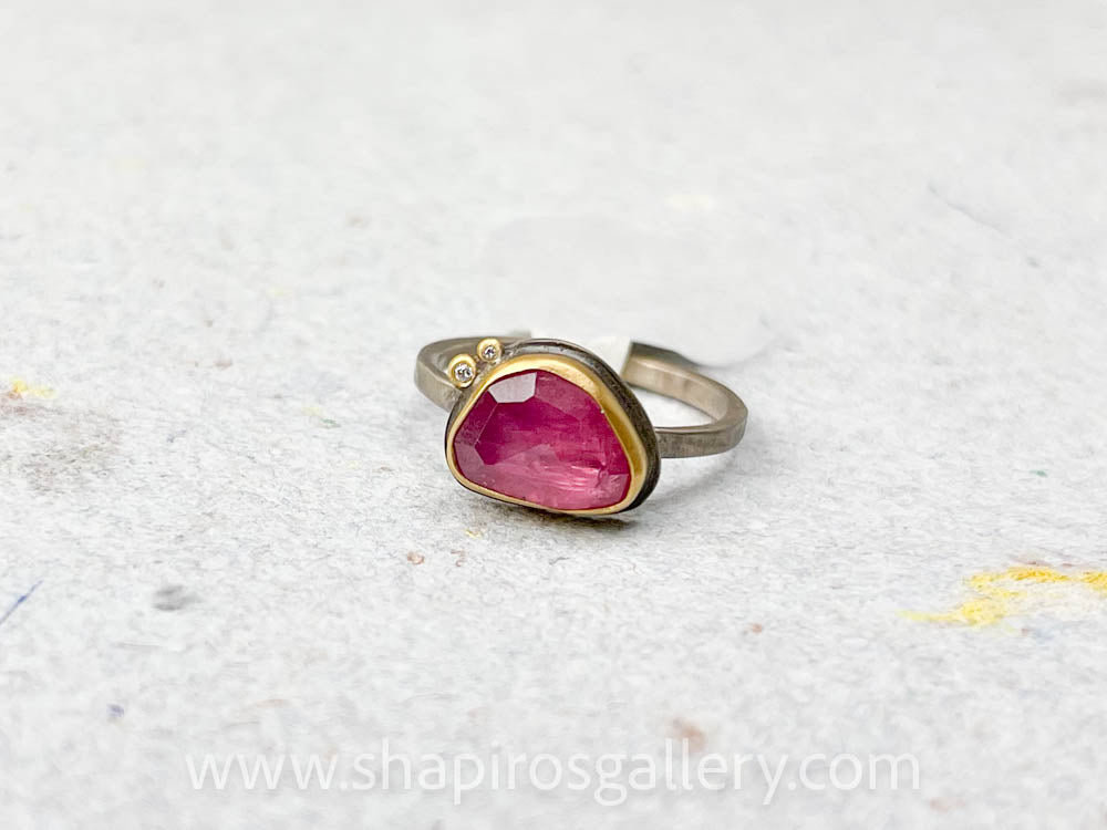 Small Pink Sapphire Ring with Two Diamond Dots