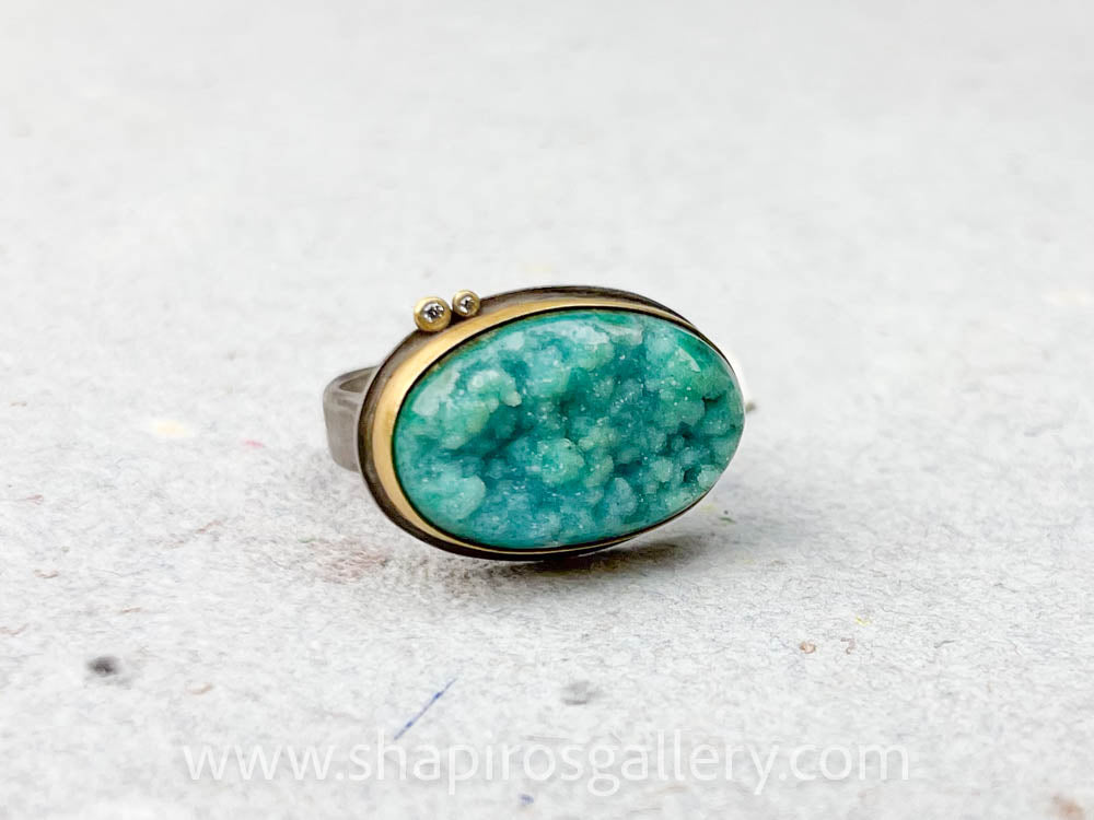 Chrysocolla Druzy Ring with Diamonds