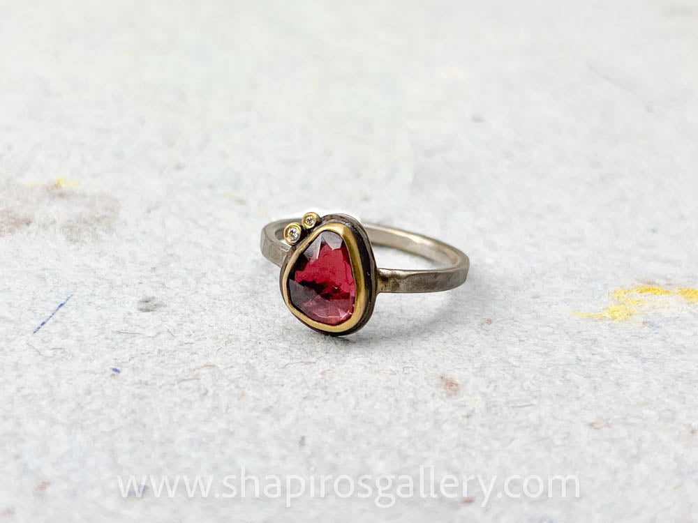 Rose Cut Rhodolite Garnet Ring with Diamonds