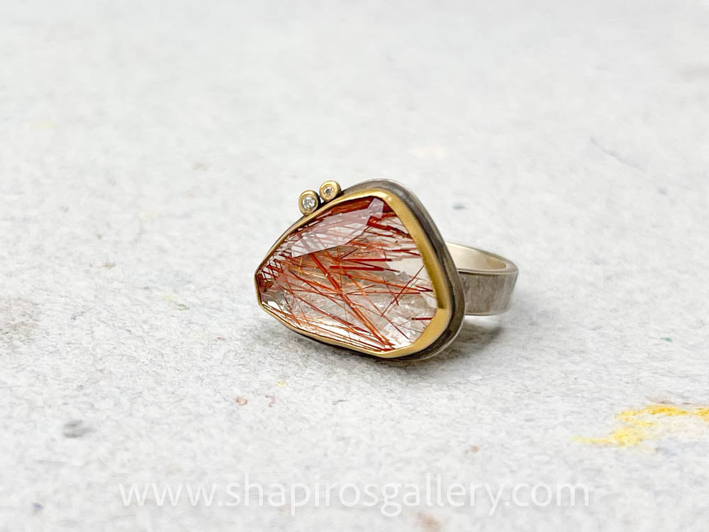 Rose Cut Rutilated Quartz Ring with Diamonds