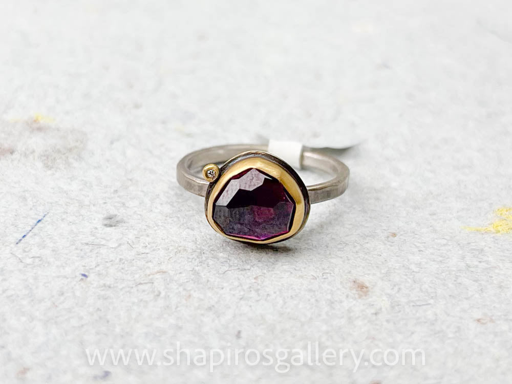 Rose Cut Rhodolite Garnet Ring with Diamond