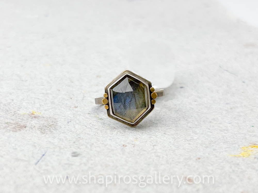 Geometric Labradorite Ring with Six Gold Dots