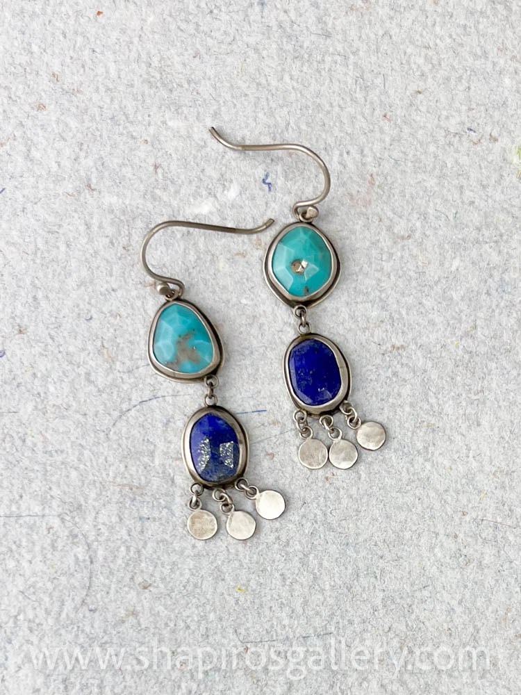Turquoise & Lapis Earrings with Silver Fringe
