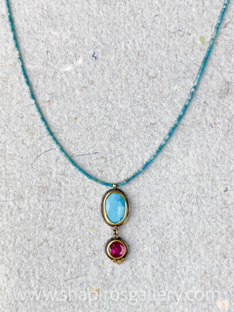 Turquoise and Ruby Double Pendant Necklace