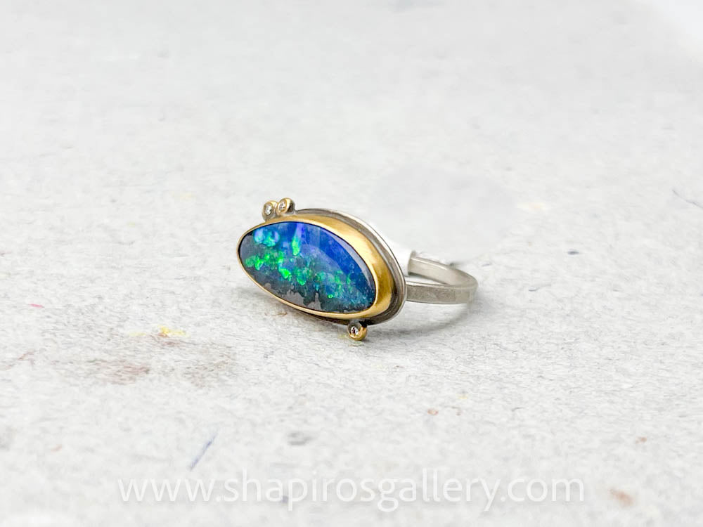 Organic Australian Opal Ring with Three Diamonds