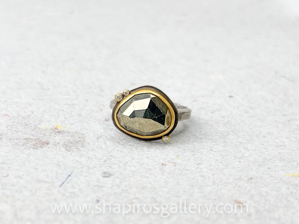 Pyrite Ring with Diamond Dots