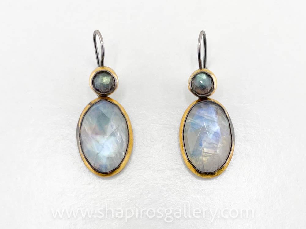 Double Stone Crimson Earrings - Moonstone and Labradorite