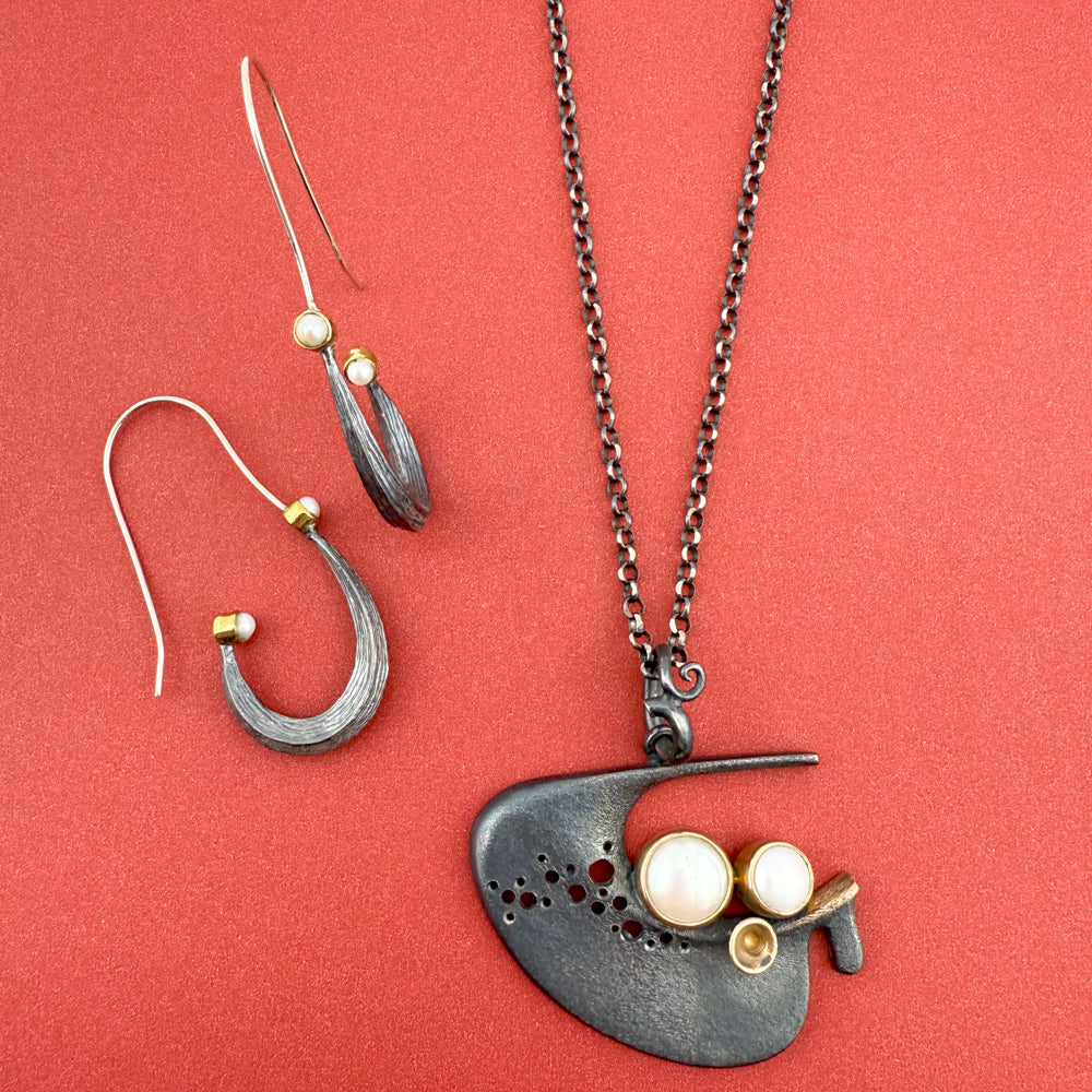 Oxidized Sterling Silver and Pearl Set