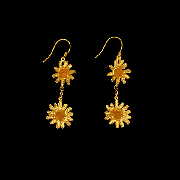 Golden Daisy Two Flower Dangle Earrings