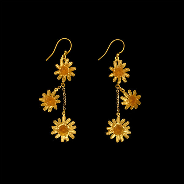Golden Daisy Three Flower Dangle Earrings