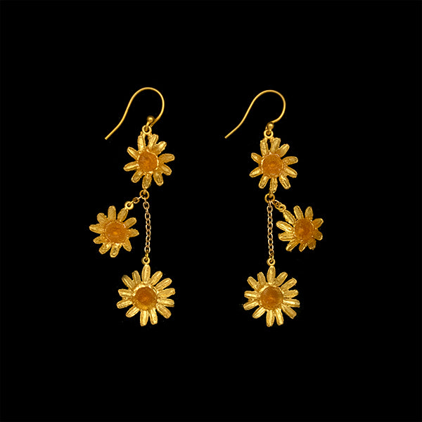 Golden Daisy Three Flower Dangle Earrings