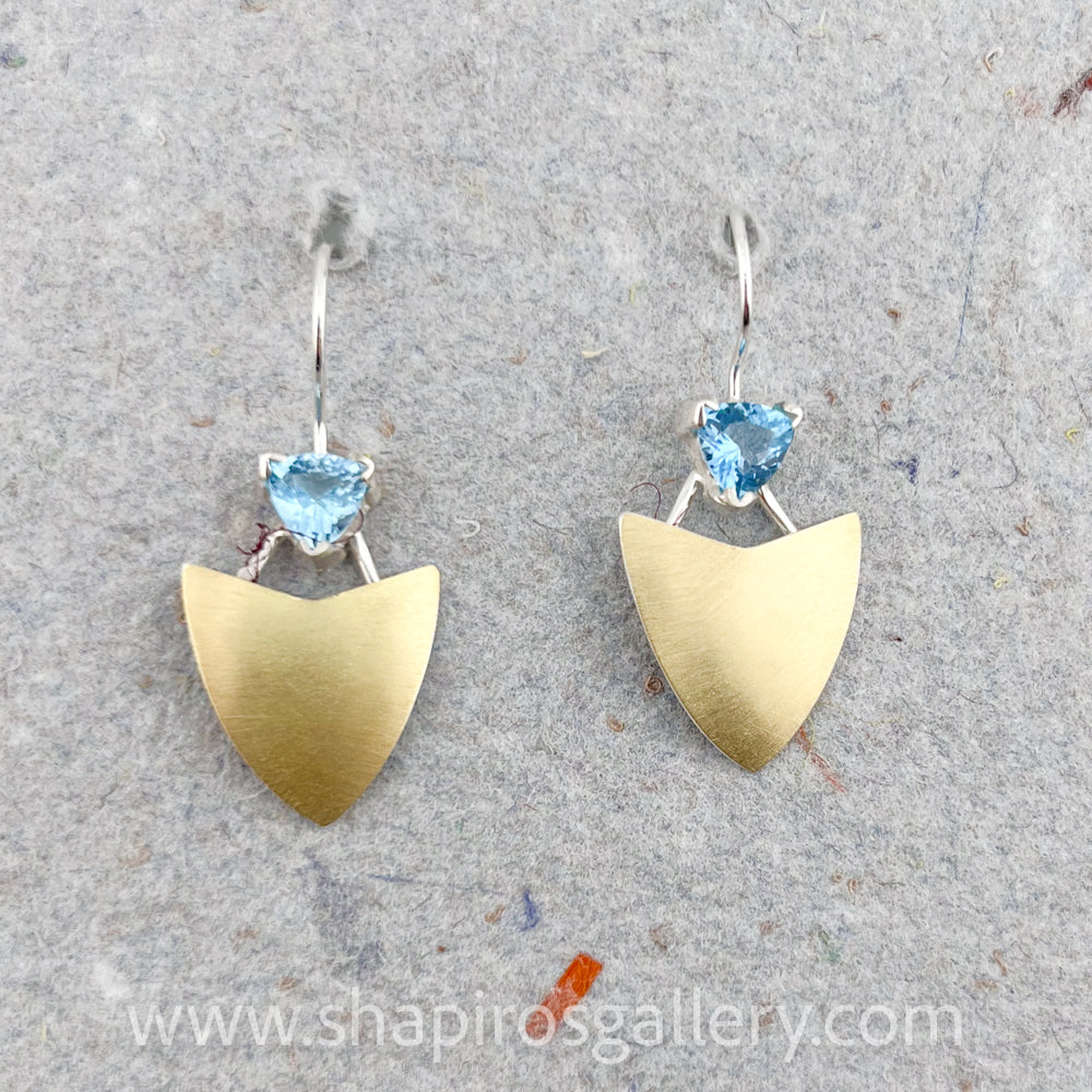 Two Tone Shield Earrings with Blue Topaz