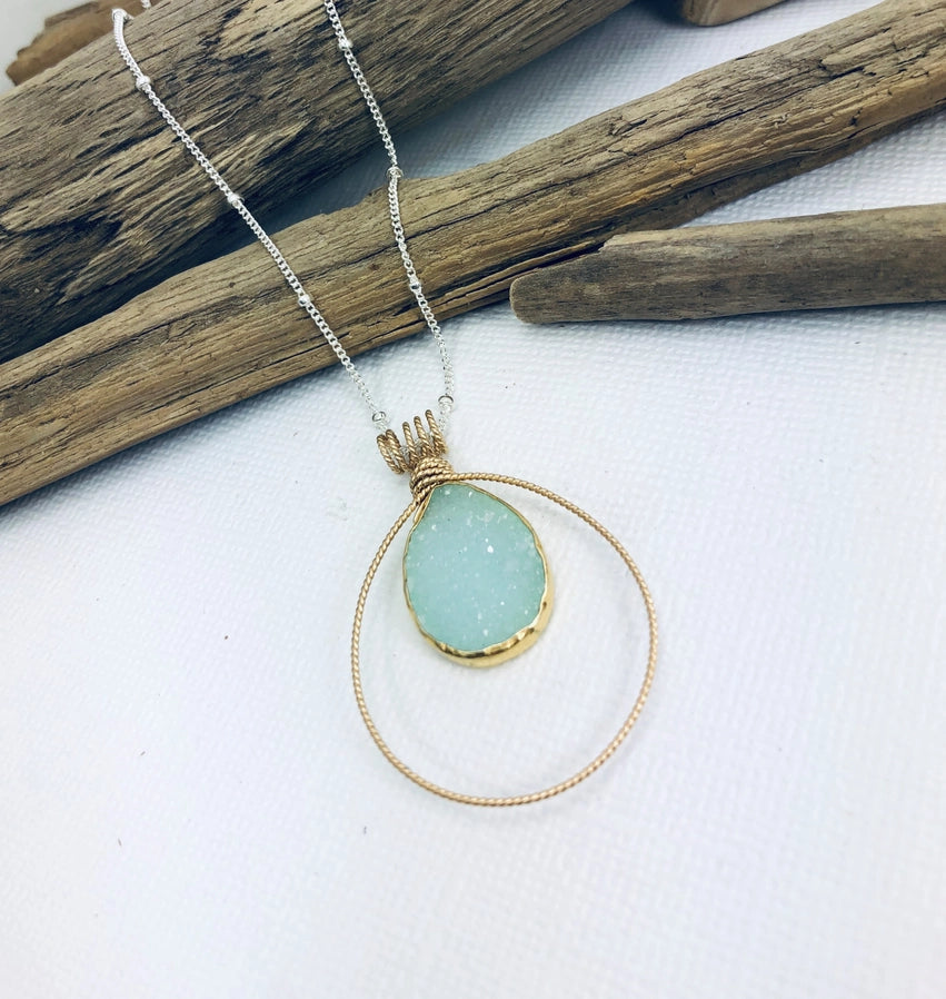 Pear Shaped Sea Green Druzy Necklace