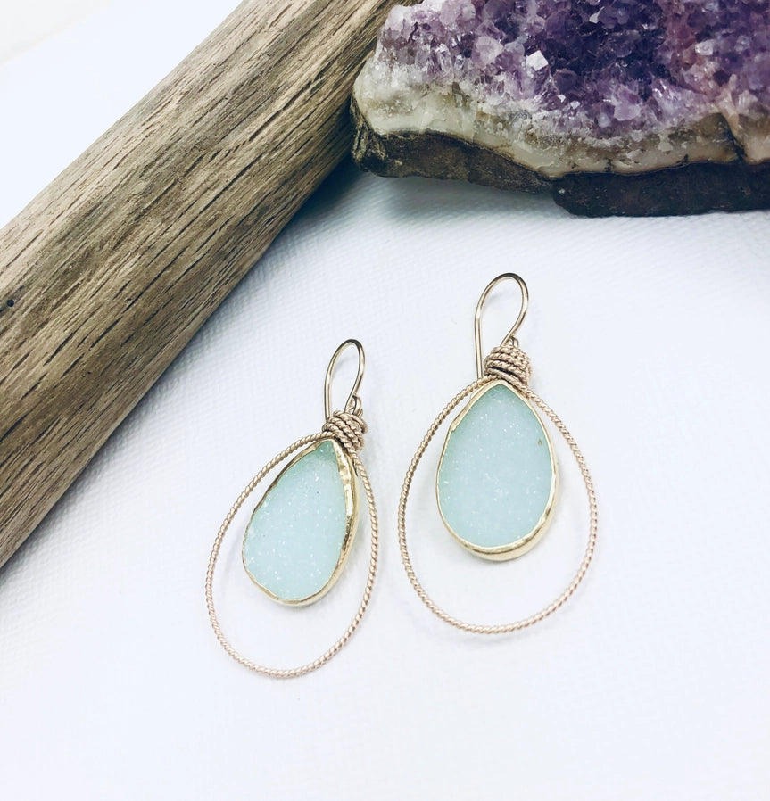 Pear Shaped Sea Green Druzy Earrings