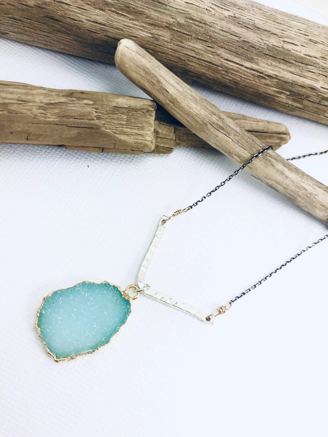 Chevron with Sea Green Druzy Necklace