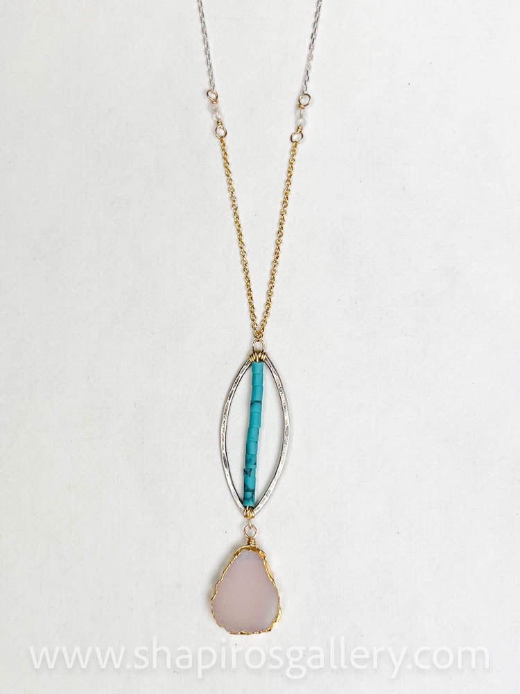Ellipse Pink Druzy and Turquoise Necklace