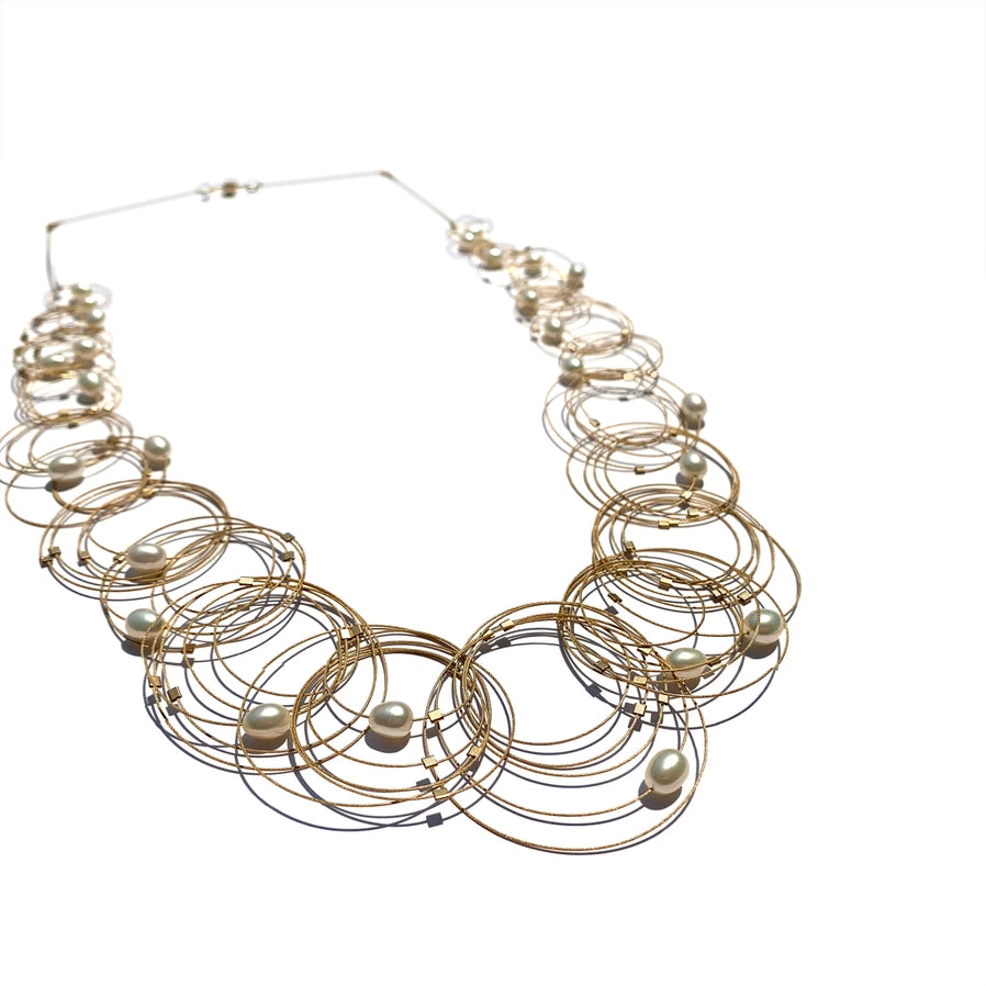 34" Long Vertigo Necklace - Pearl and Gold
