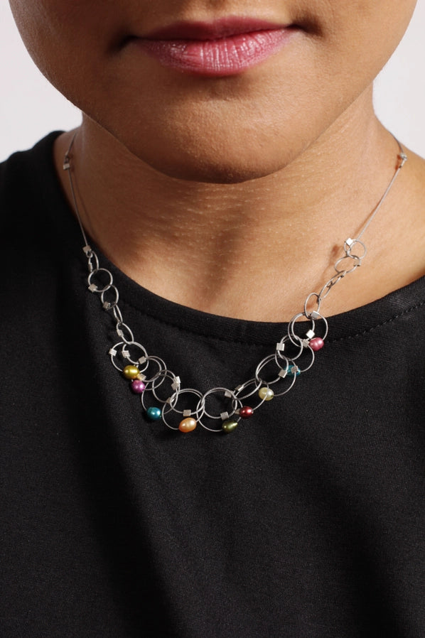 18" Mini Vertigo Necklace - Steel and Rainbow Pearl