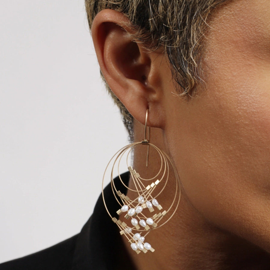 Vertigo Hook Earrings (Large) - Gold and Pearl