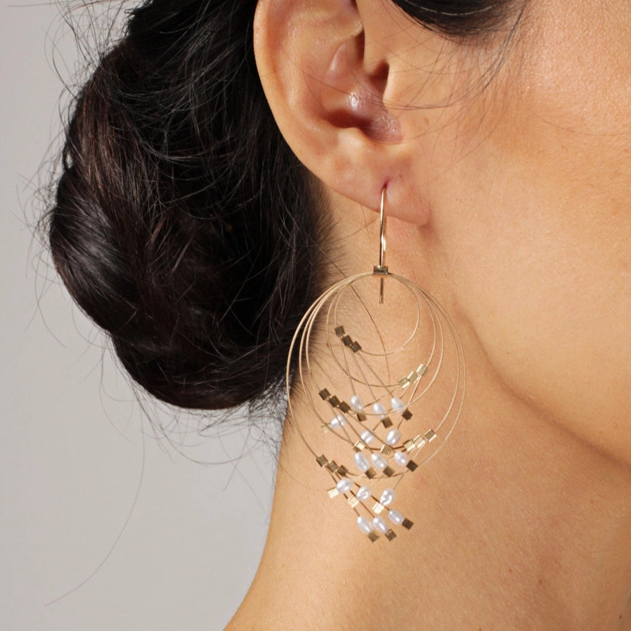 Vertigo Hook Earrings (Large) - Gold and Pearl