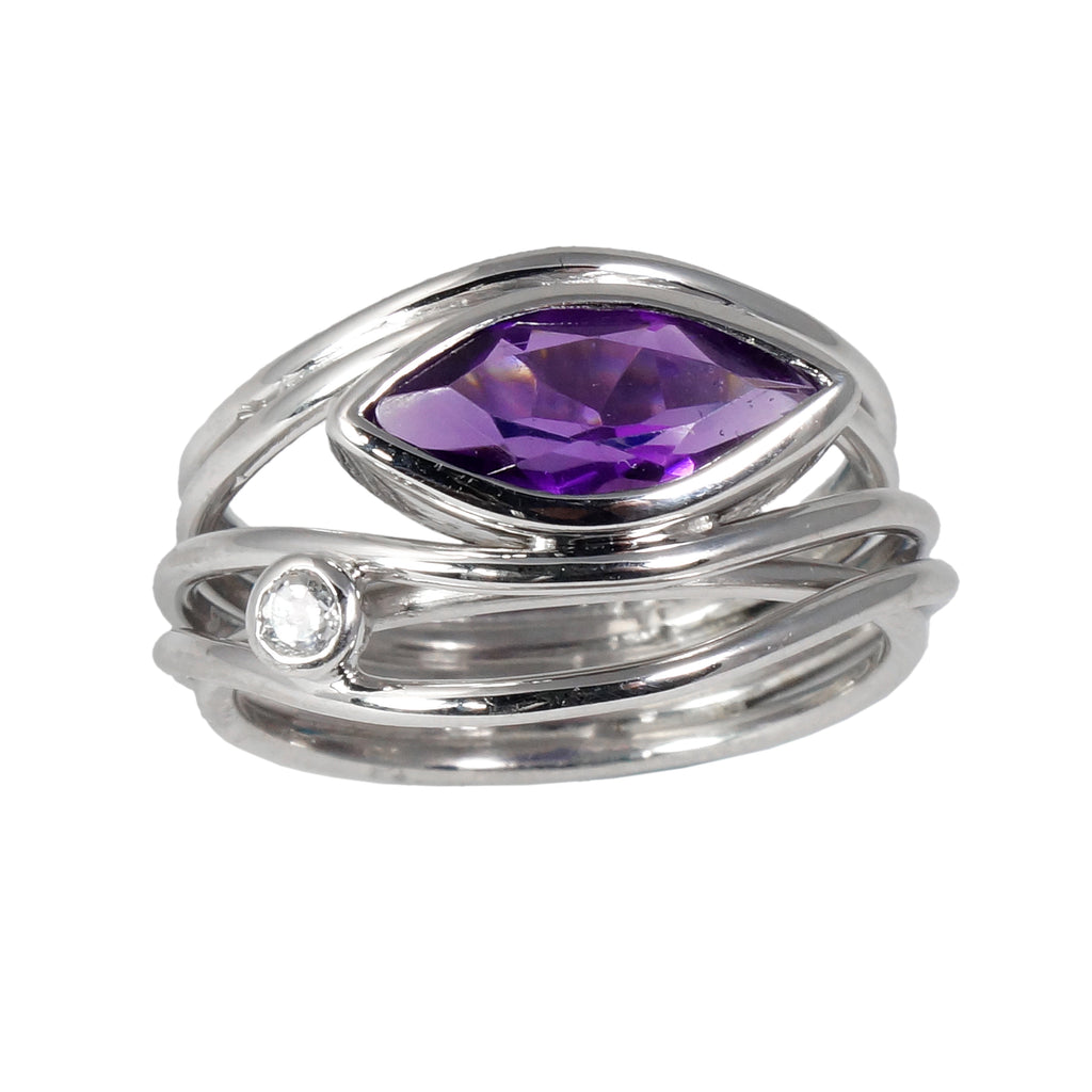 East West Silver Marquis Ring - Amethyst