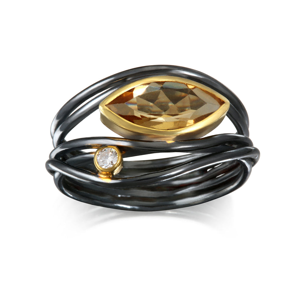 East West Black Ruthenium Marquis Ring - Citrine and Diamond