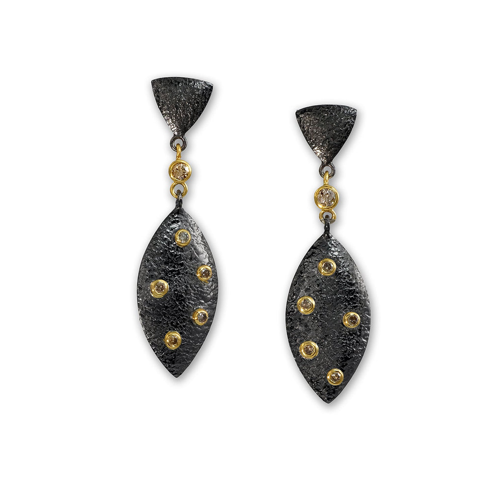 Gold and Black Rhodium Triangle Post Earrings with Champagne Diamonds
