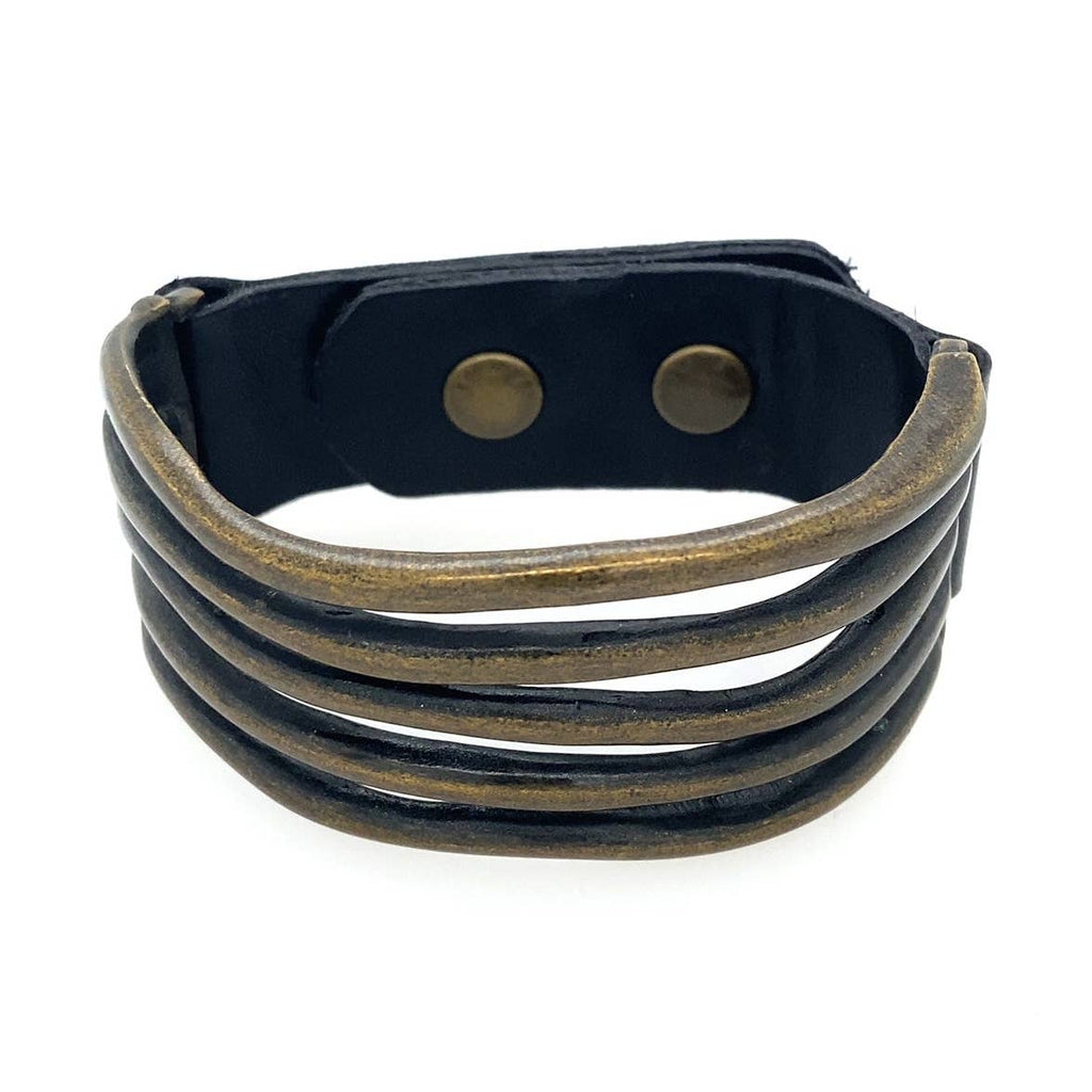 Wide Metal Wave Leather Bracelet