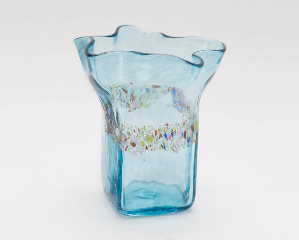 Handblown Glass Ruffled Vase - Aqua