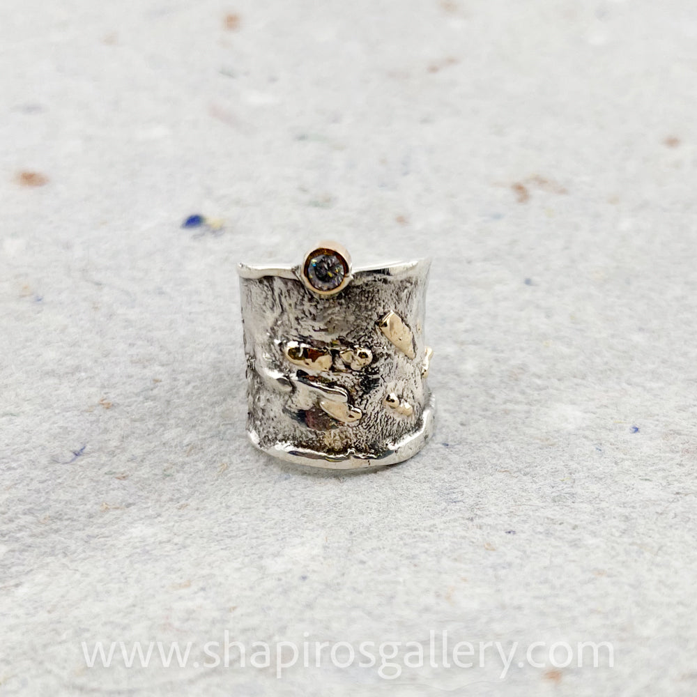 Reticulated Ring with Gold Accent Bezel Set Cubic Zirconia