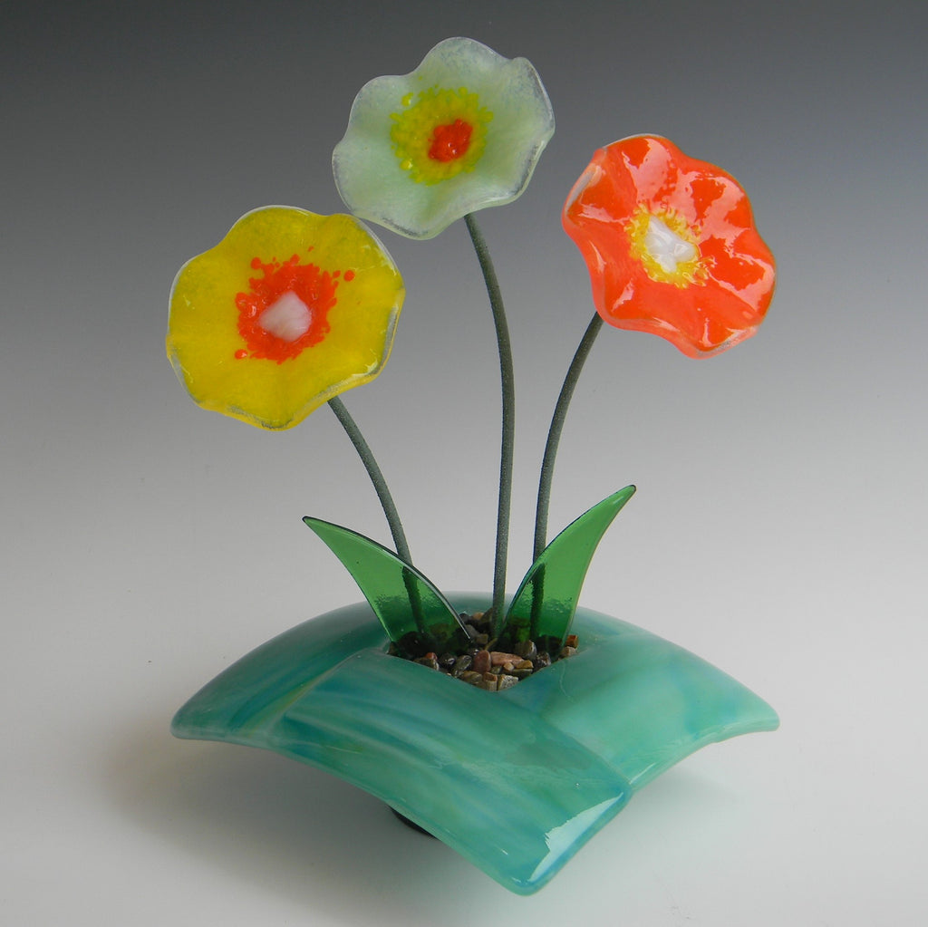 Fused Glass Ikebana Vase with Glass Flowers