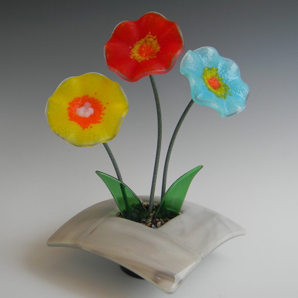 Fused Glass Ikebana Vase with Glass Flowers