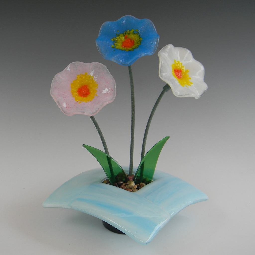 Fused Glass Ikebana Vase with Glass Flowers