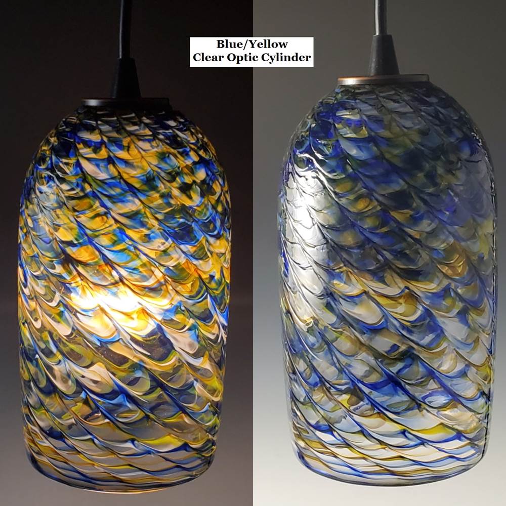 Blue Yellow Clear Optic Blown Glass Pendant Lamp