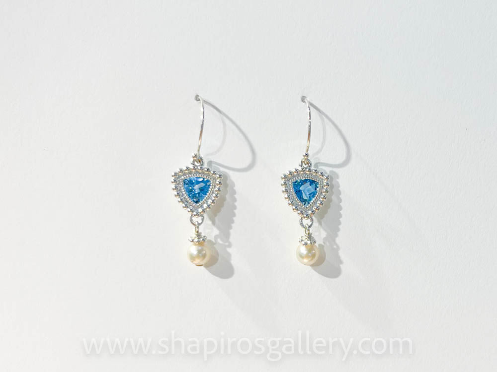Blue Topaz Trillion and Pearl Earrings