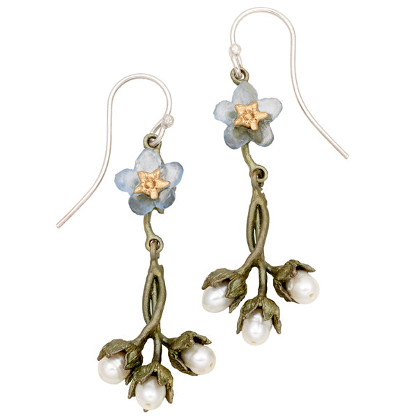 Forget Me Not Single Flower & Pearl Dangle Wire Earrings