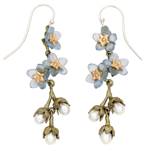 Forget Me Not Triple Flower & Pearl Dangle Wire Earrings