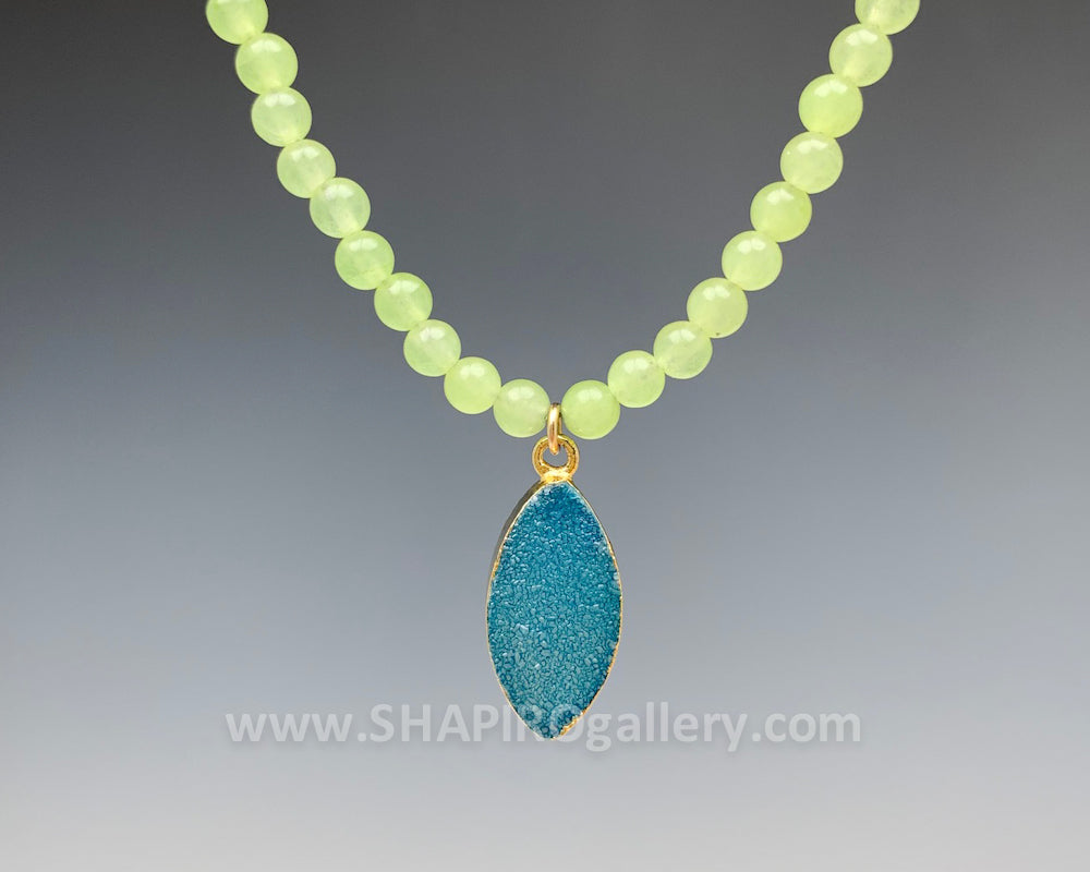 Light Olive Jade with Aqua Druzy Necklace