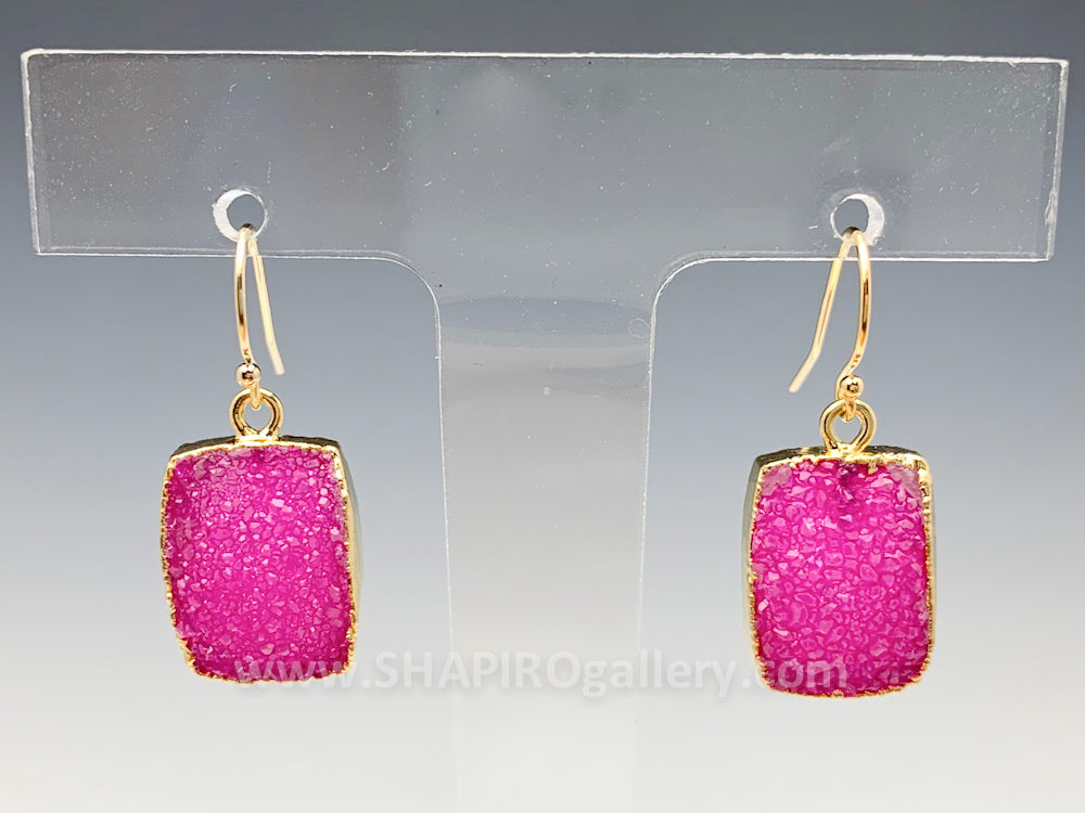 Pink Rectangle Druzy Earrings