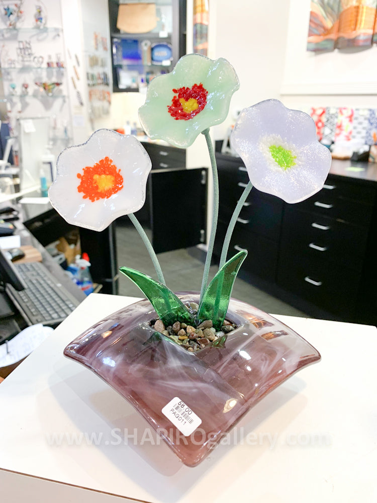 Fused Glass Ikebana Vase with Glass Flowers